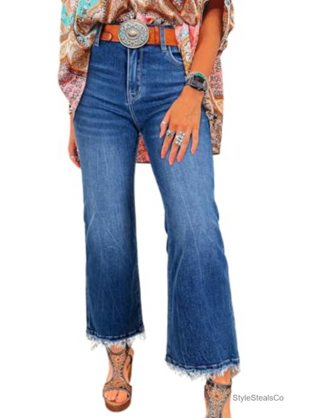 Astylish High Waisted Stretchy Flared Raw Hem Cropped Jeans